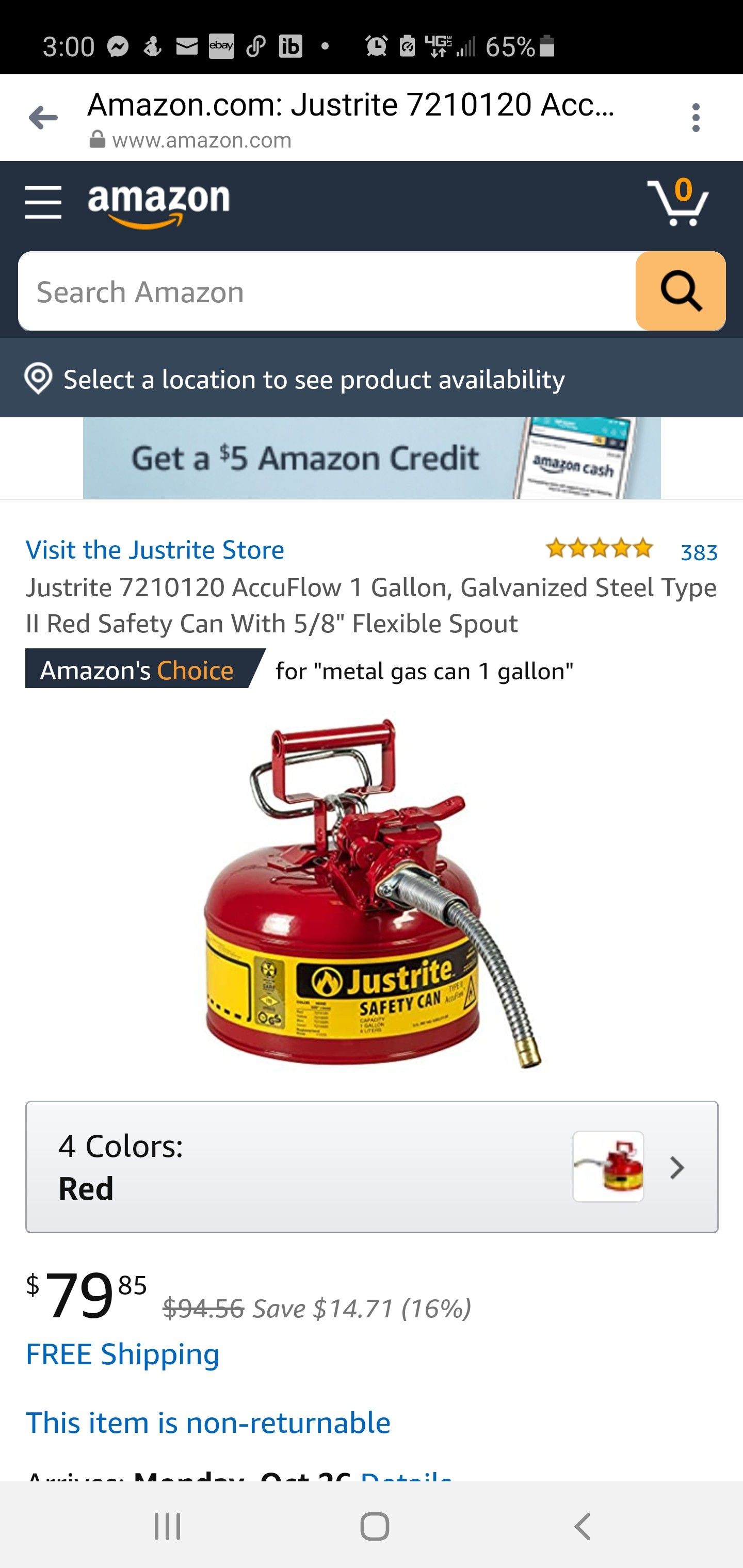 Justrite 7210120 AccuFlow 1 Gallon, Galvanized Steel Type II Red Safety Can With 5/8" Flexible Spout