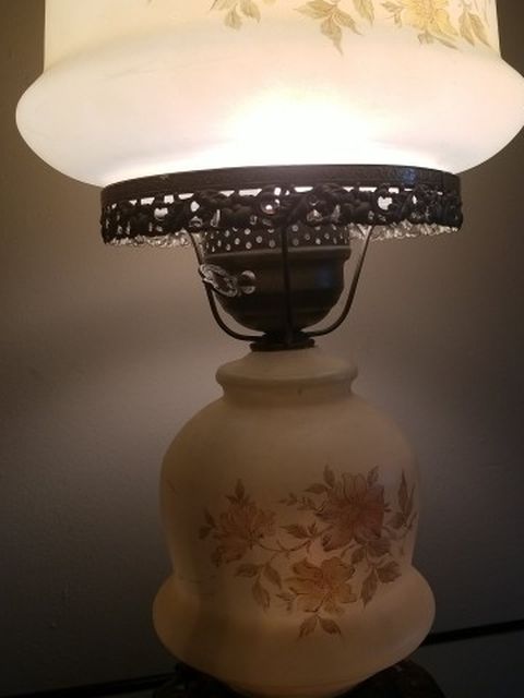 Vintage Hurricane Lamp Floral 21" Tall 3 Way Lighting Frosted Shades.