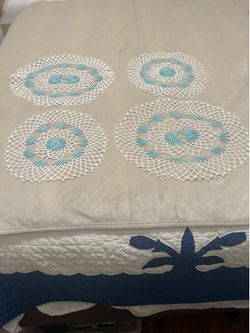 4 teal, and white doilies vintage
