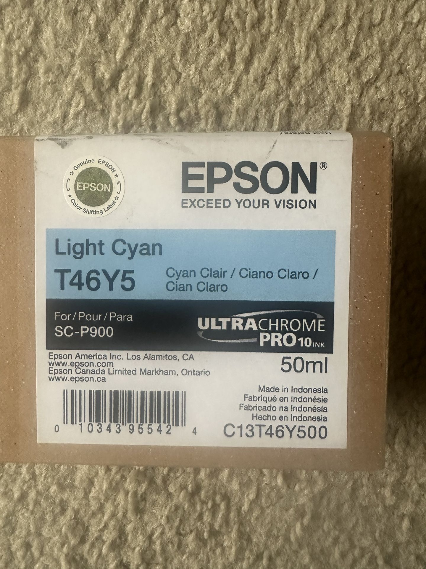 Epson UltraChrome Pro10 Ink Light Cyan T46Y9. 50ml ink cartridge for SC-P900 printer.