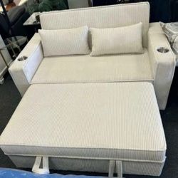 Beige corduroy loveseat pull out sofa bed