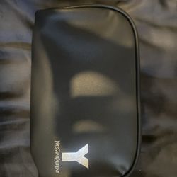 YSL Yves Saint Laurent Black Faux Leather Silver Logo Toiletry Bag Pouch