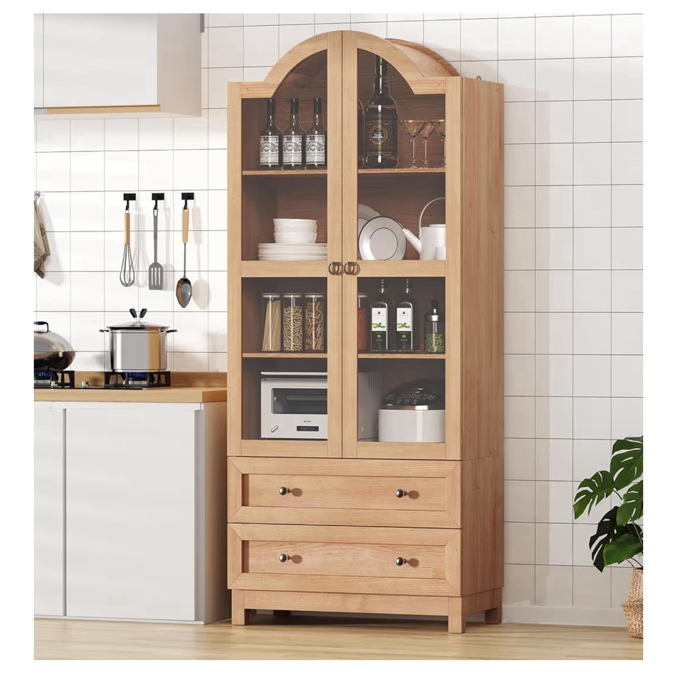 Tall Arched Pantry Cabinet – 71” Storage Cabinet with Drawers & Adjustable Shelves (Natural Wood Finish)