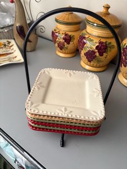 Square Ceramic Plates Set with Metal Rack