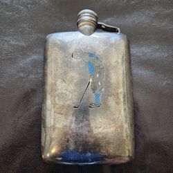 MERIDEN / INTERNATIONAL Enameled Silverplate Lrg Hip Flask Enameled Golfer c1927