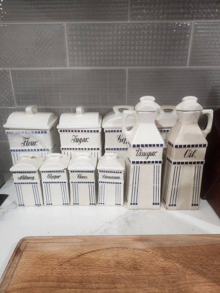 Vintage Blue Ceramic Spice And FlourSugar Coffee Containers