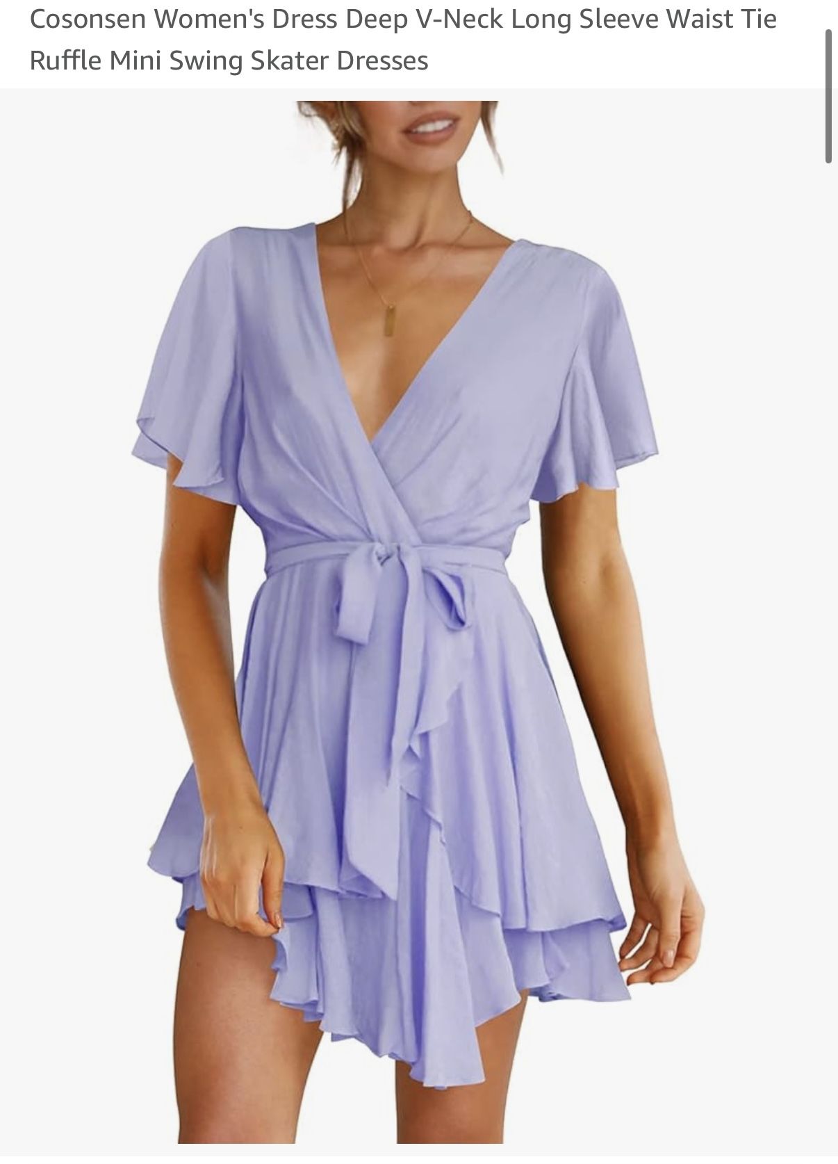 Cosonsen Women's Dress Deep V-Neck Long Sleeve Waist Tie Ruffle Mini Swing Skater Dress (L)