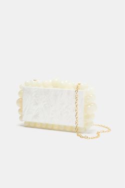 White pearl clutch with gold chain strap