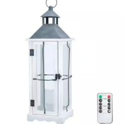 26in Farmhouse White IP65 Waterproof Wood Metal Decorative Lanterns with Remote Control, Timer, Tempered Glass, Flameless Pillar Candles~Wedding/Porch