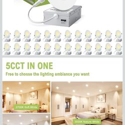 24 Pack 4 Inch LED Recessed Lighting with Junction Box, 5CCT,Ultra-Thin Recessed Light, 7W 700LM, Dimmable Canless Wafer Ceiling Light, High Brightnes