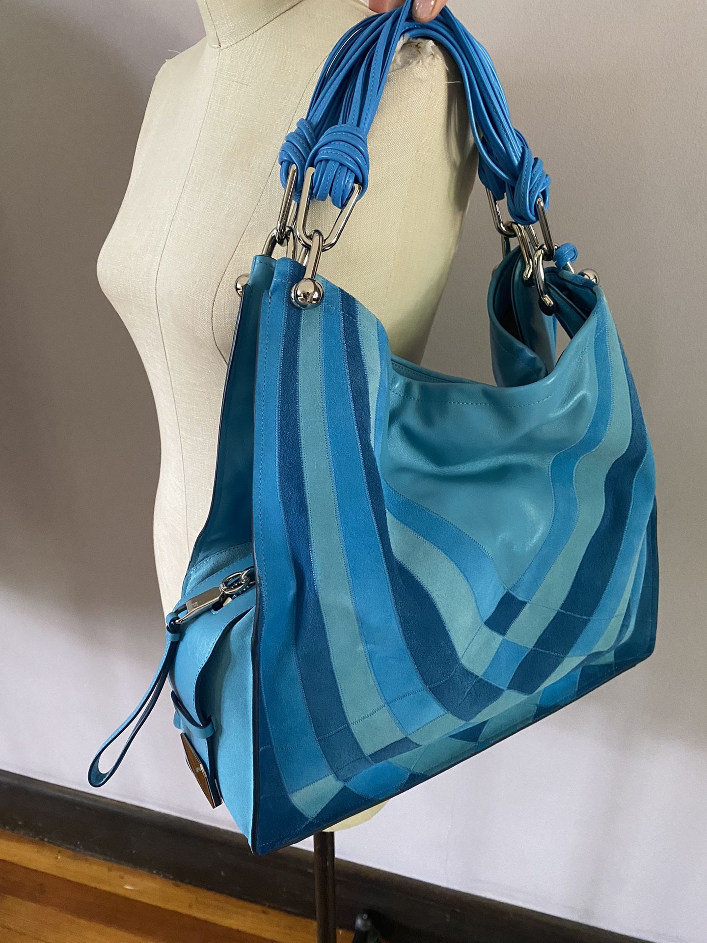 Stuart Weitzman blue suede and leather hobo with stainless steel hardware. NWOT. Multi strand leather straps, magnetic closure, double sided bag with