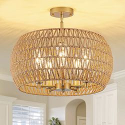 Rattan Ceiling Light Fixture, 5-Light Boho Semi Flush Mount Ceiling Light, 20" Wicker Light Fixture with Handmade Woven Cage Lampshade, Rattan Chandel