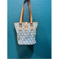 Blue and Tan Canvas and Leather Handbag