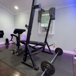 Workout Bench, Weights, Barbell, Dumbbells 