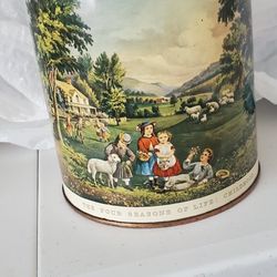 Vintage Decoware Tin "The Four Seasons of Life: Childhood"  Currier & Ives 6"HX5"D