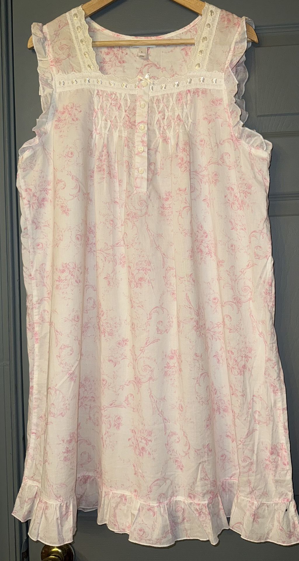 MISS ELAINE 100%Cotton pink /white toile print Summer Breeze nightgown. Size Large