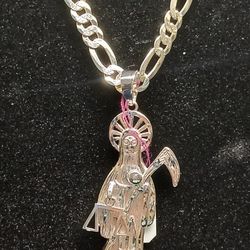 925 Silver Figaro Diamond Cut Chain With Santa Muerte Pendant