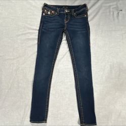 True Religion Low Rise Skinny Blue Denim Jeans Dark Wash Button Accent