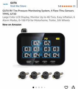 GUTA RV Tire Pressure Monitoring System, 4 Flow-Thru Sensors TPMS, GT30 Large Color LCD Display, Monitor Up to 46 Tires, Easy Inflation, 6 Alarm Modes