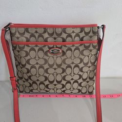 Coach Signature Canvas File Crossbody Bag Khaki/Classic Red Leather
