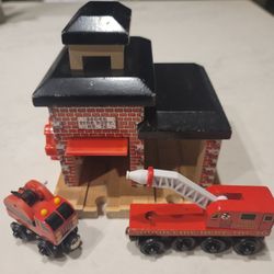 Thomas the Train Wooden Railway Sodor Fire Station Dept. No. 36 and Trucks