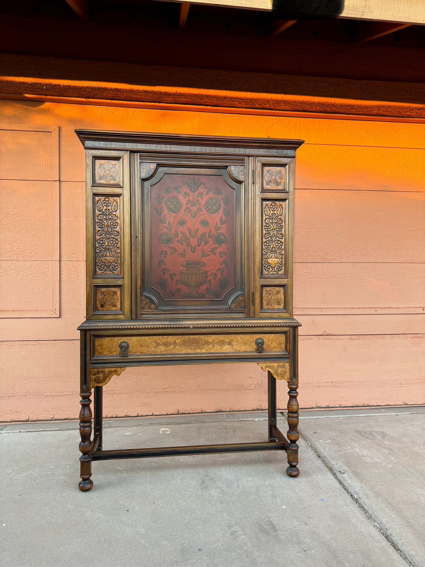 Vintage Berkey & Gay Cabinet Bookcase Armoire Antique Furniture Walnut 2 Shelf Carved Wood w/ Key