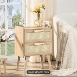 New 2 Rattan Nightstand, Boho Side Table with Drawer Open Shelf, Cane Accent Bedside End Table with Solid Wood Legs for Bedroom, Dorm and Small Spaces