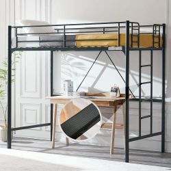 Loft Bed Twin Size with Flat Ladder Rung for Kids Teens Adults Heavy Duty Metal Single Bunk Bed Loft with Safety Guard Rails for Small Space, Black