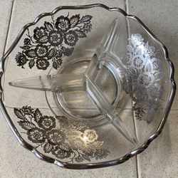 Vintage Heavy Etched Glass Candy Dish- Inside Silver Etching Design