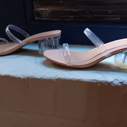 Nude And Clear Block Heel Sandals