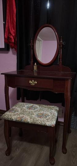 Cherry Wood Vanity Table with Mirror & Matching Stool
