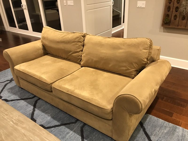 Pottery barn suede couch best sale