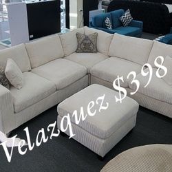 ✅️✅️Black  Friday Sale (4 pc ivory cordury fabric upholstered sectional sofa with ottoman)✅️