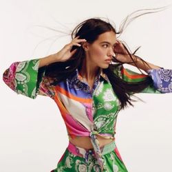 ZARA Chiffon Paisley Sheer Button-Up Collared Blouse Multicolor Women's Size XS