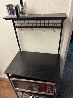 Black Baker's Rack with Wire Basket and Hooks