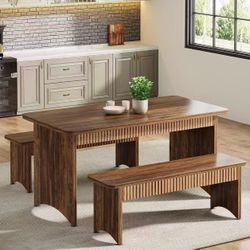 F1996 3-Piece Dining Table Set, 55" Dining Room Table with 2 Benches for 4-6 People, Farmhouse Rectangular Dining Room Table Set for Kitchen, Dining R