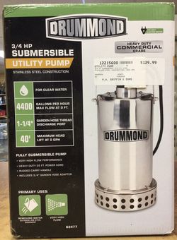 Drummond 3/4 HP Submersible Utility Pump Stainless Steel Construction 4400 GPH