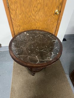 Two Round Dark Marble Top Wooden End Table