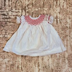 Infant 6 Month White Dress with Lace Sleeves and Red Embroidery