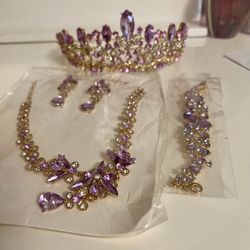 New Crown , Earrings, Bracelet And Necklace Set. Beautiful Purple And Gold Color.