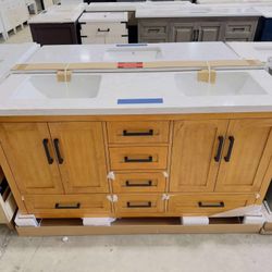 60” Brand New Bathroom Vanity in Teak color, Soft Close Solid Wood with Marble Top in White  $899 