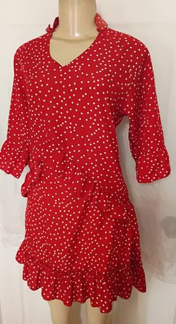 Boho Flowy Ruffle Polka Dot Mini Dress Red White Womens Small