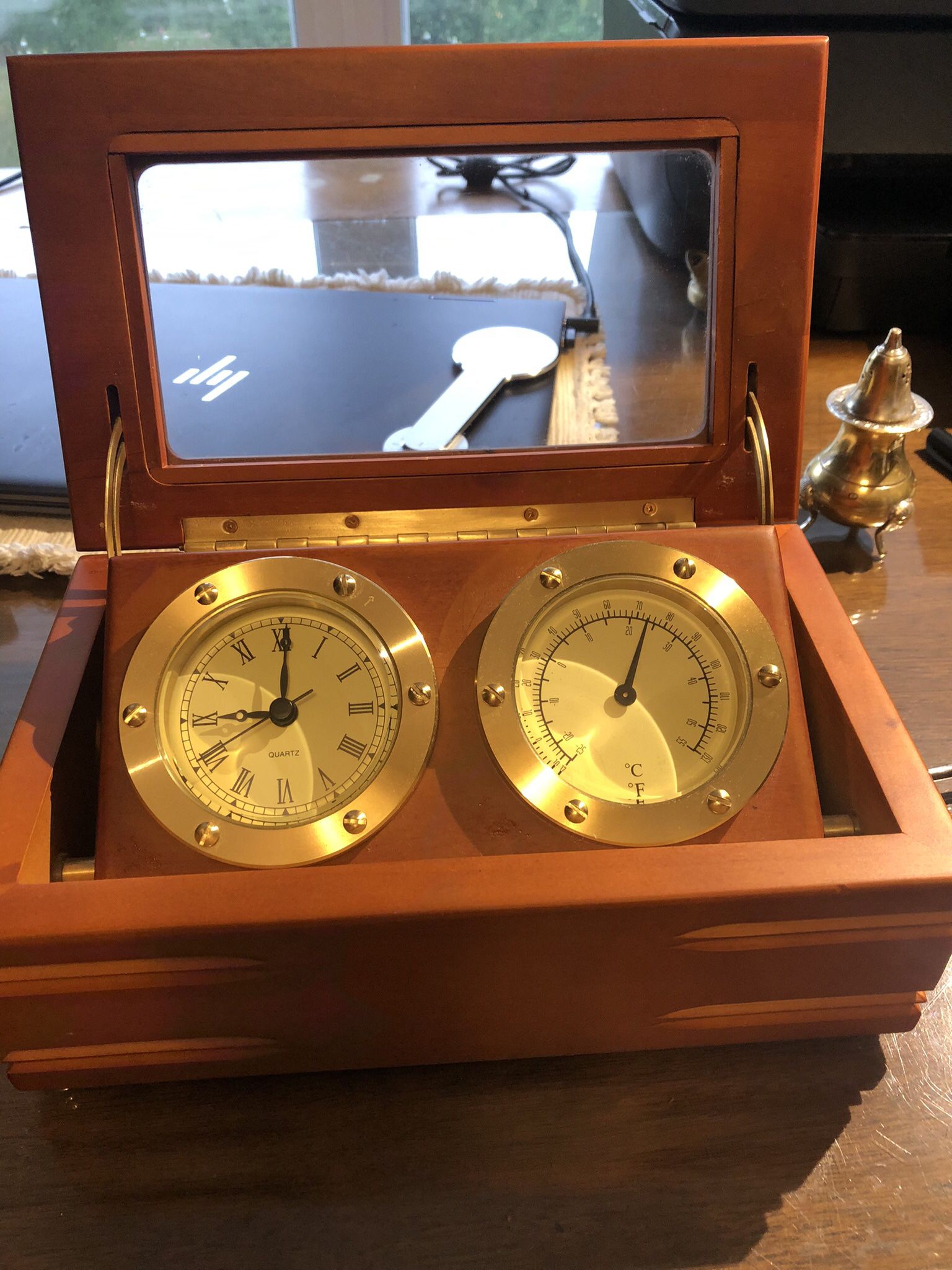 Desk Clock And Thermometer Redwood Box Glass Top Quartz