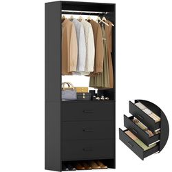 2FT Closet System with 3 Drawers, 24’’ Closet Organizer, Wood Closet Organizer System, Walk-in Closet or Small Closets Wardrobe, Clothes Rack with Han