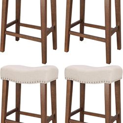 New-Counter Height Bar Stools Set of 4 - Backless Saddle Barstools with 4.3" Thick Upholstered, Nailhead Trim Linen Fabric & Solid Wood Legs, 26 Inch 