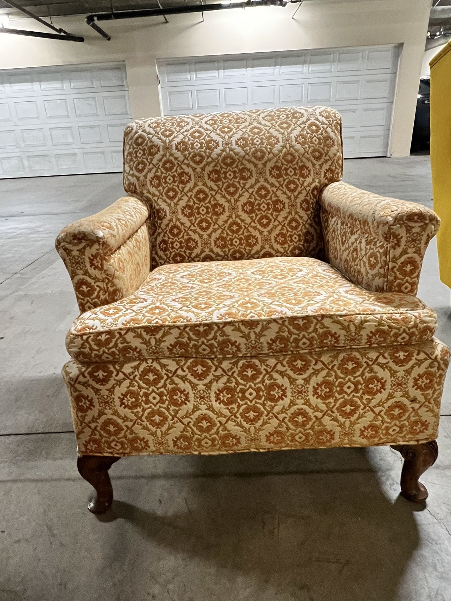 Vintage Chair, Jacquard Damask Fabric, Gold/Orange