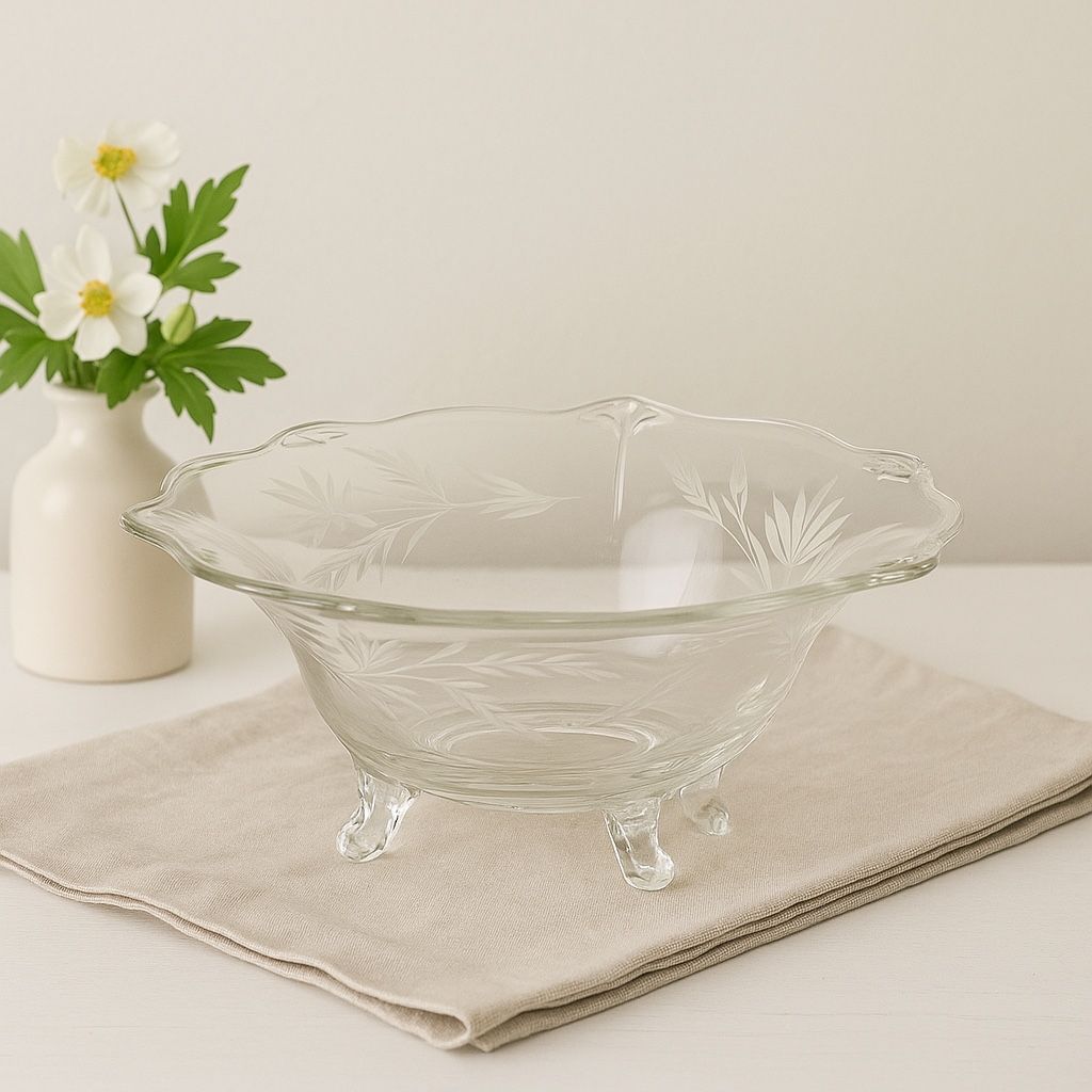 W.J. Hughes Canada 1950s Corn Flower Etched Footed Bowl, 10.5x4.5”