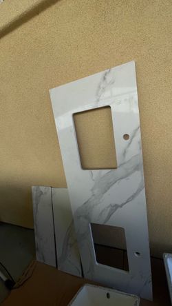 White Marble-Look Quartz Double Vanity Top with Sinks & Faucets