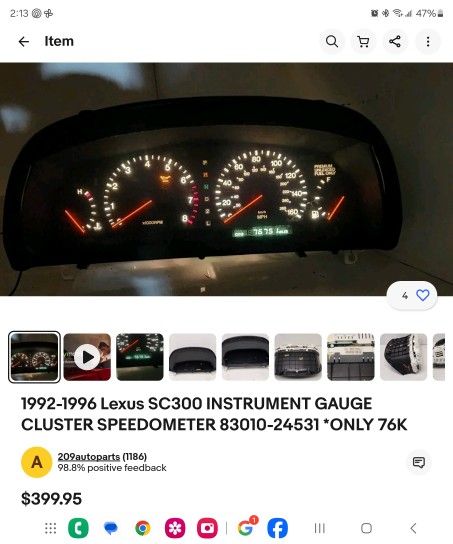 1992-96 LEXUS SC300 OEM SPEEDOMETER SELLS ON EBAY FOR $299 + SHIPPING ASKING ONLY $180