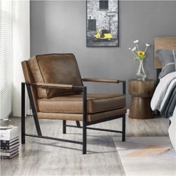 Retro Upholstered Lounge Chair Accent Chair Reading Arm Chair, Metal Arms, Plush Cushion Seat